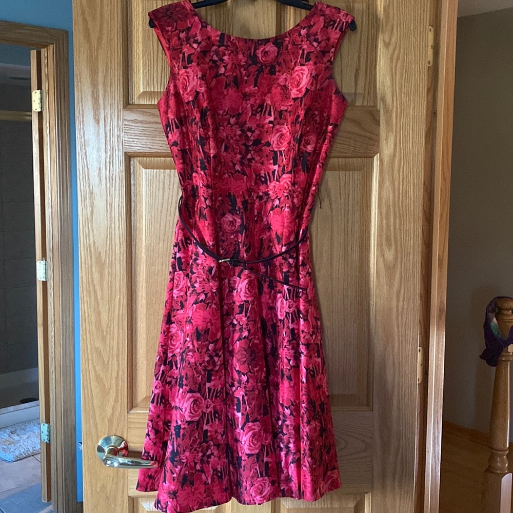Red and black floral cocktail dress